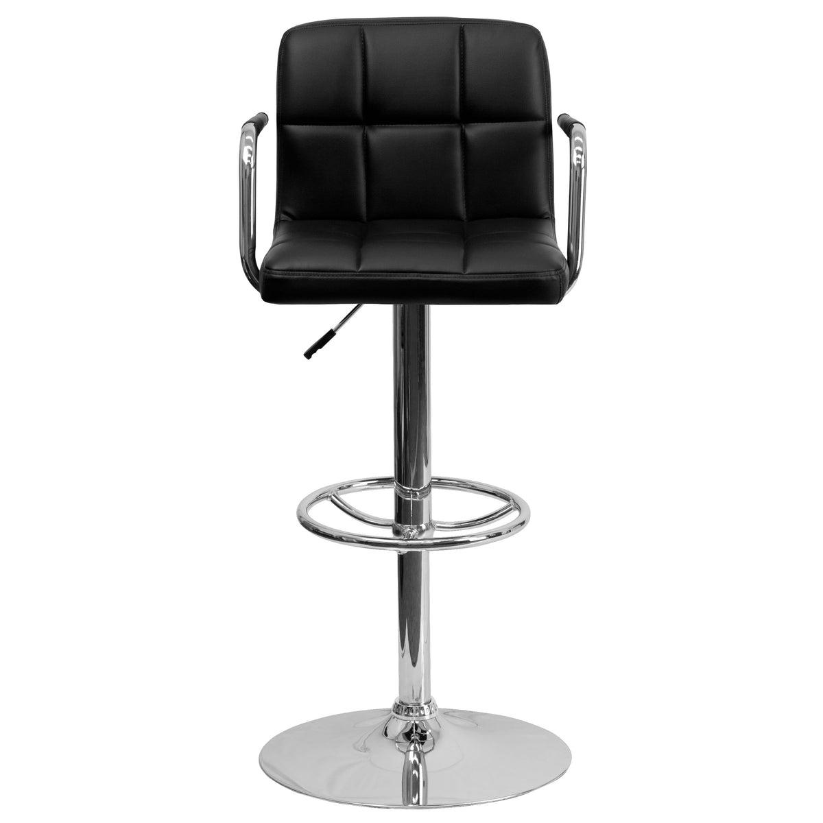 Black |#| Black Quilted Vinyl Adjustable Height Barstool with Arms and Chrome Base