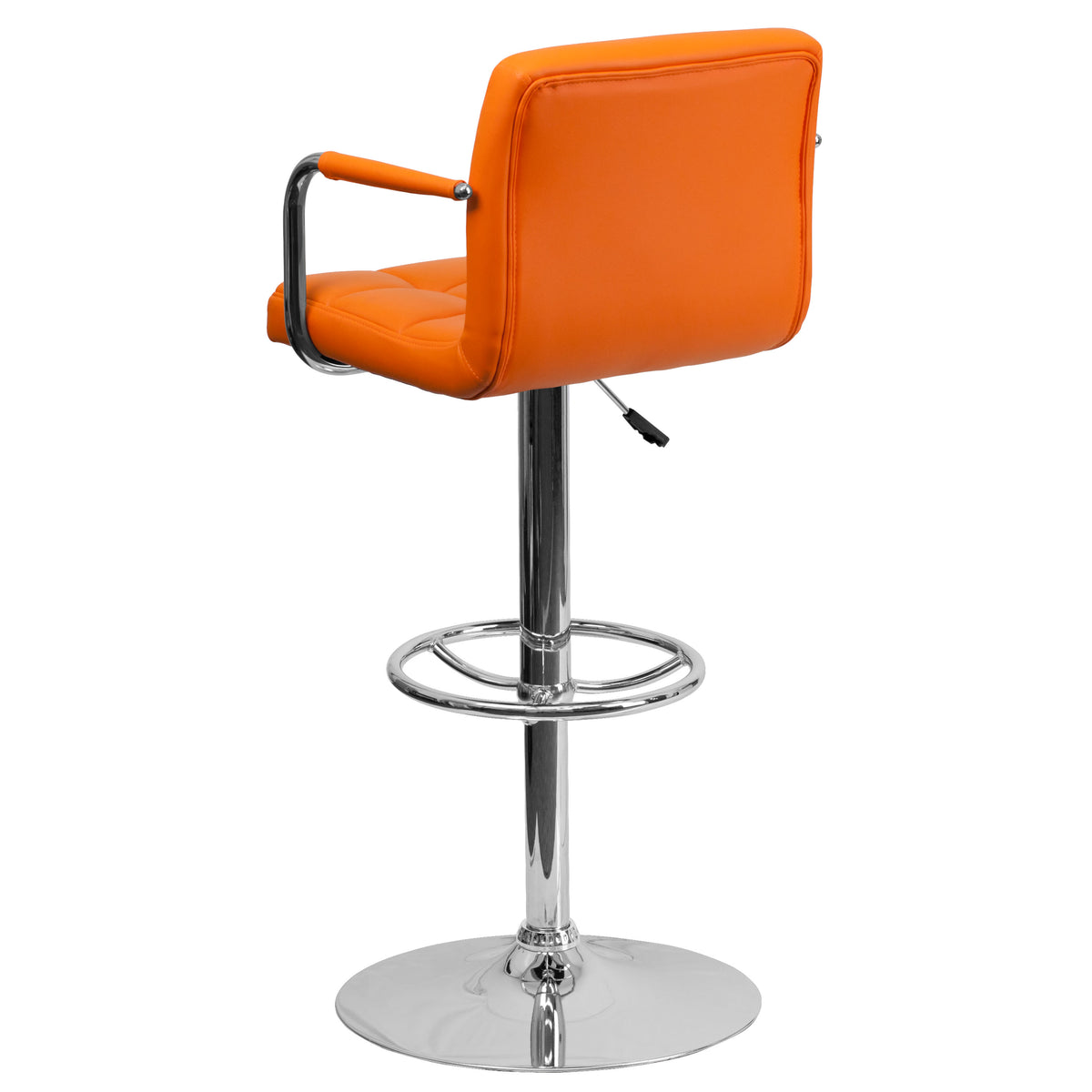 Orange |#| Orange Quilted Vinyl Adjustable Height Barstool with Arms and Chrome Base