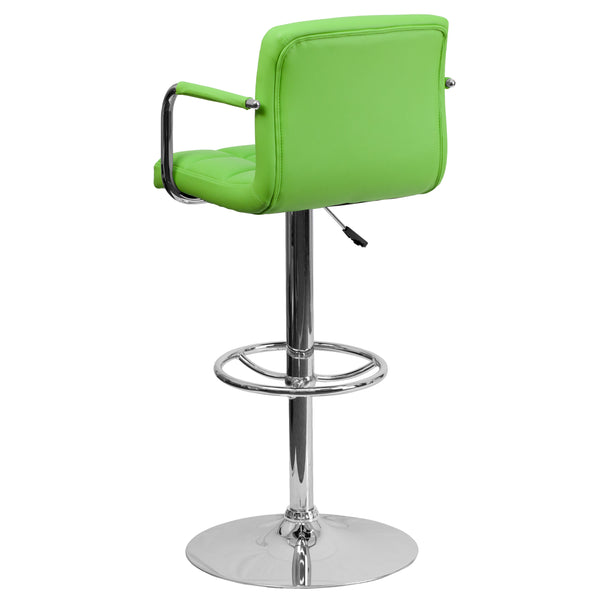 Green |#| Green Quilted Vinyl Adjustable Height Barstool with Arms and Chrome Base