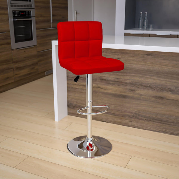 Red |#| Contemporary Red Quilted Vinyl Adjustable Height Barstool with Chrome Base