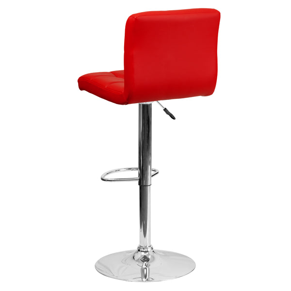 Red |#| Contemporary Red Quilted Vinyl Adjustable Height Barstool with Chrome Base