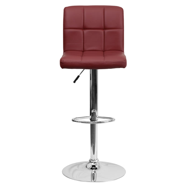 Burgundy |#| Contemporary Burgundy Quilted Vinyl Adjustable Height Barstool with Chrome Base