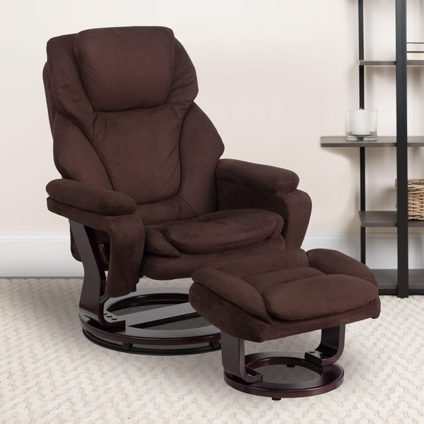 Brown Microfiber |#| Brown Microfiber Multi-Position Recliner and Ottoman with Mahogany Wood Base