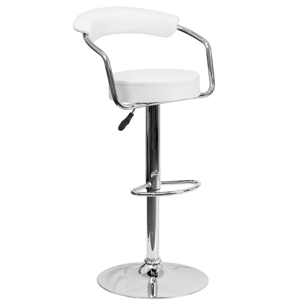 White |#| Contemporary White Vinyl Adjustable Height Barstool with Arms and Chrome Base