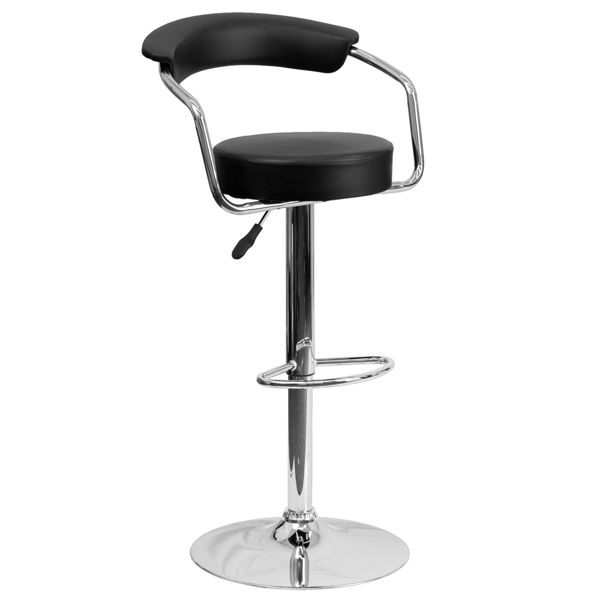 Black |#| Contemporary Black Vinyl Adjustable Height Barstool with Arms and Chrome Base