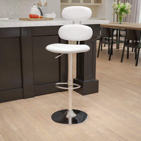 White |#| Contemporary White Vinyl Adjustable Barstool with Ellipse Back and Chrome Base