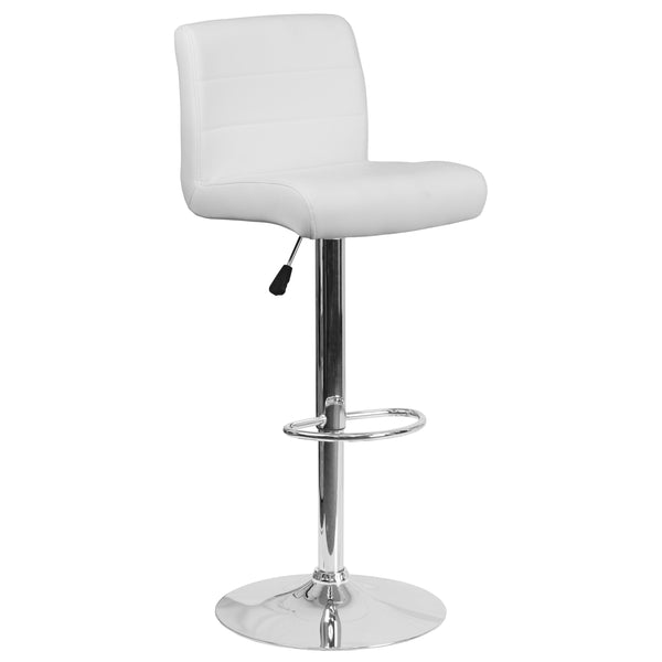 White |#| White Vinyl Adjustable Height Barstool with Rolled Seat and Chrome Base