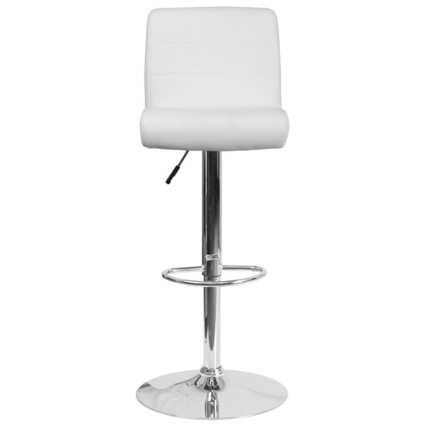 White |#| White Vinyl Adjustable Height Barstool with Rolled Seat and Chrome Base