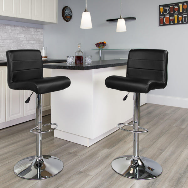 Black |#| Black Vinyl Adjustable Height Barstool with Rolled Seat and Chrome Base