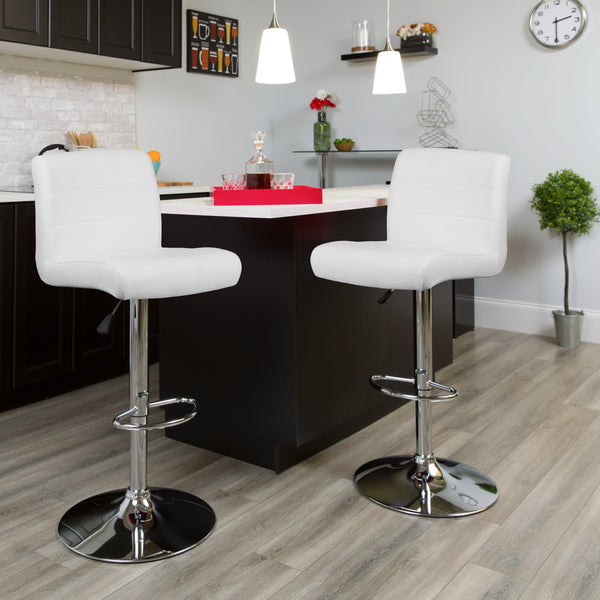 White |#| White Vinyl Adjustable Height Barstool with Rolled Seat and Chrome Base