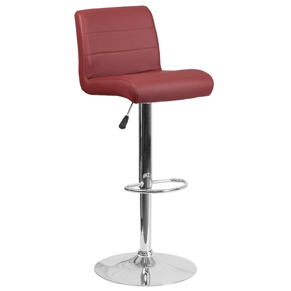 Burgundy |#| Burgundy Vinyl Adjustable Height Barstool with Rolled Seat and Chrome Base