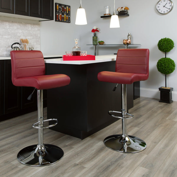 Burgundy |#| Burgundy Vinyl Adjustable Height Barstool with Rolled Seat and Chrome Base