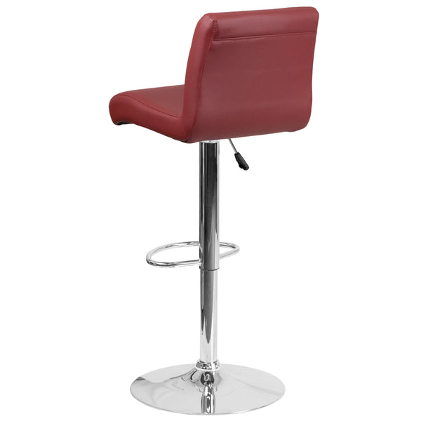 Burgundy |#| Burgundy Vinyl Adjustable Height Barstool with Rolled Seat and Chrome Base