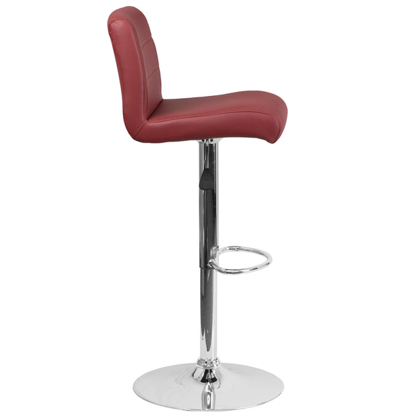 Burgundy |#| Burgundy Vinyl Adjustable Height Barstool with Rolled Seat and Chrome Base