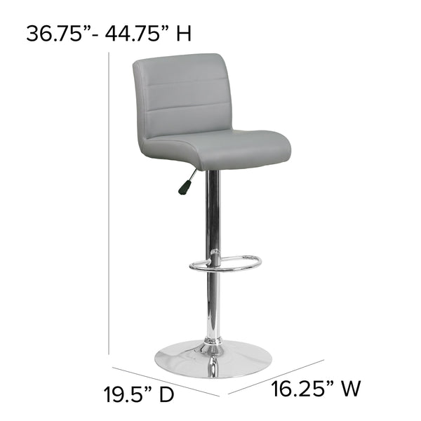 Gray |#| Gray Vinyl Adjustable Height Barstool with Rolled Seat and Chrome Base