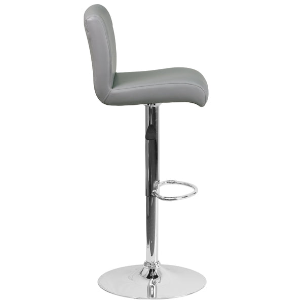 Gray |#| Gray Vinyl Adjustable Height Barstool with Rolled Seat and Chrome Base