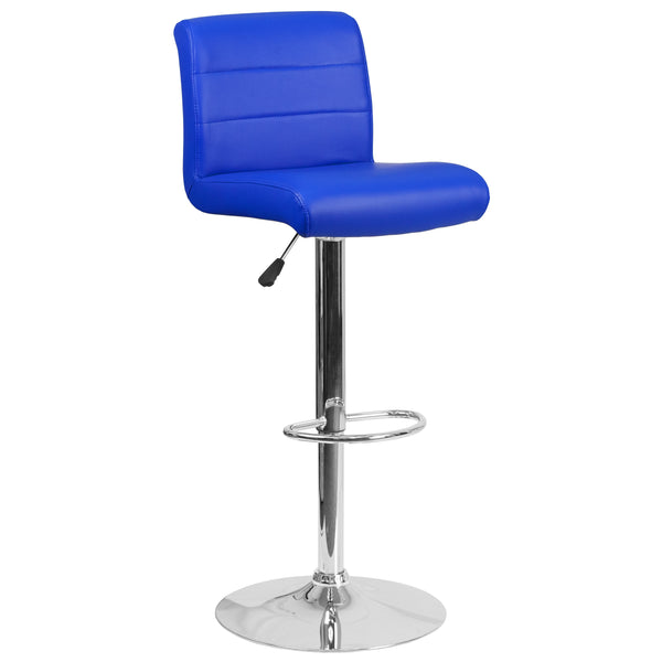 Blue |#| Blue Vinyl Adjustable Height Barstool with Rolled Seat and Chrome Base