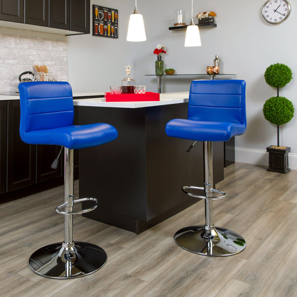 Blue |#| Blue Vinyl Adjustable Height Barstool with Rolled Seat and Chrome Base