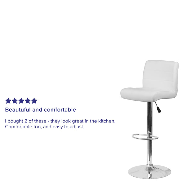 White |#| White Vinyl Adjustable Height Barstool with Rolled Seat and Chrome Base