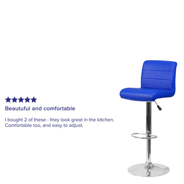 Blue |#| Blue Vinyl Adjustable Height Barstool with Rolled Seat and Chrome Base