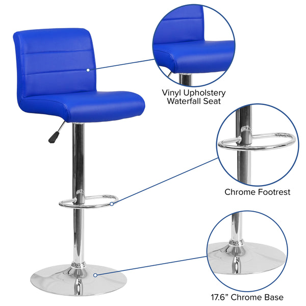 Blue |#| Blue Vinyl Adjustable Height Barstool with Rolled Seat and Chrome Base