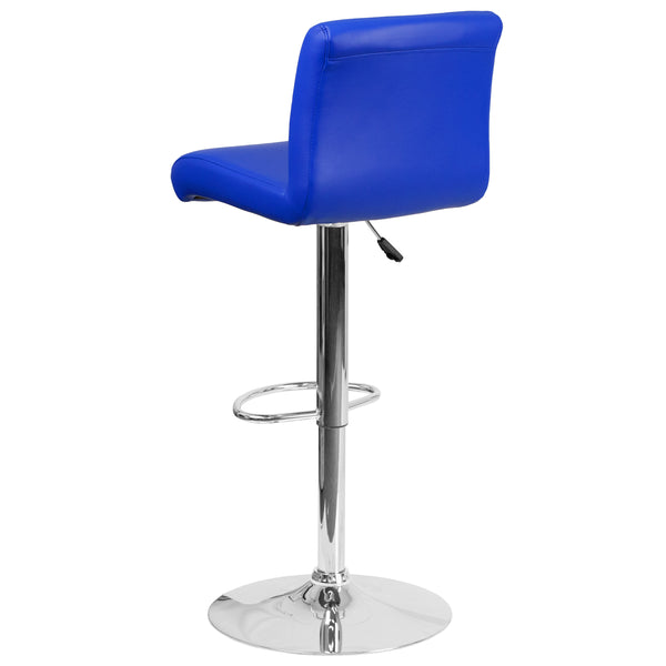 Blue |#| Blue Vinyl Adjustable Height Barstool with Rolled Seat and Chrome Base