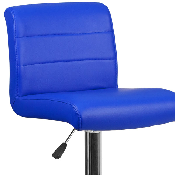 Blue |#| Blue Vinyl Adjustable Height Barstool with Rolled Seat and Chrome Base