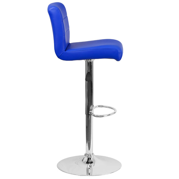 Blue |#| Blue Vinyl Adjustable Height Barstool with Rolled Seat and Chrome Base