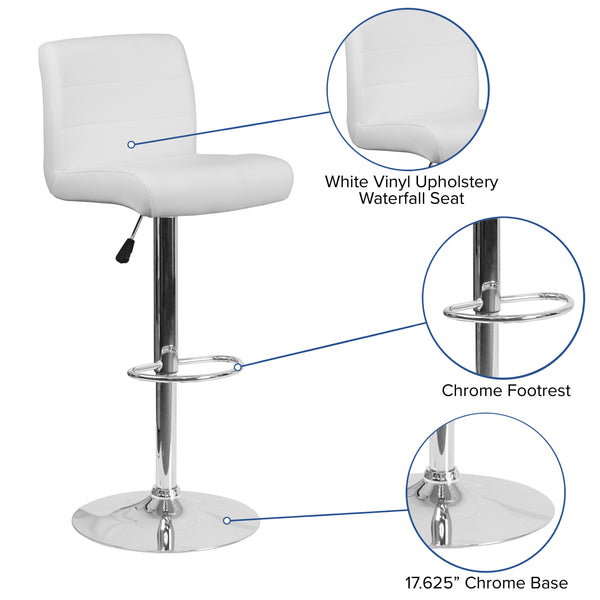 White |#| White Vinyl Adjustable Height Barstool with Rolled Seat and Chrome Base