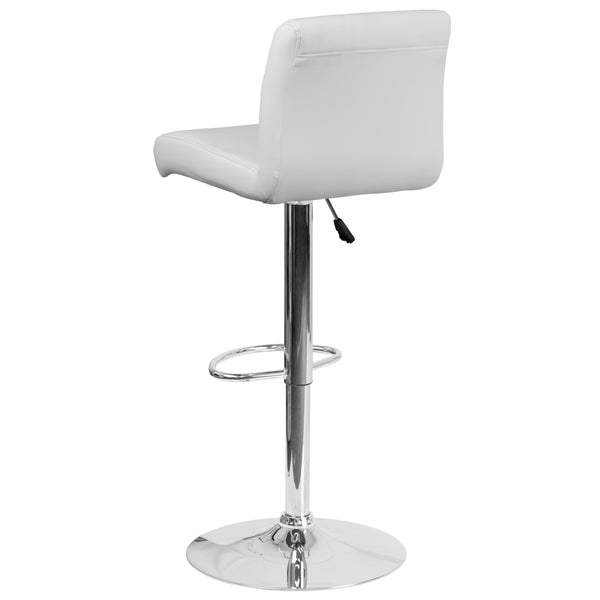 White |#| White Vinyl Adjustable Height Barstool with Rolled Seat and Chrome Base