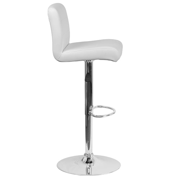 White |#| White Vinyl Adjustable Height Barstool with Rolled Seat and Chrome Base