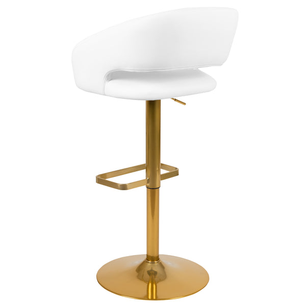 White/Gold Frame |#| White Vinyl Adjustable Height Barstool with Rounded Mid-Back and Gold Base