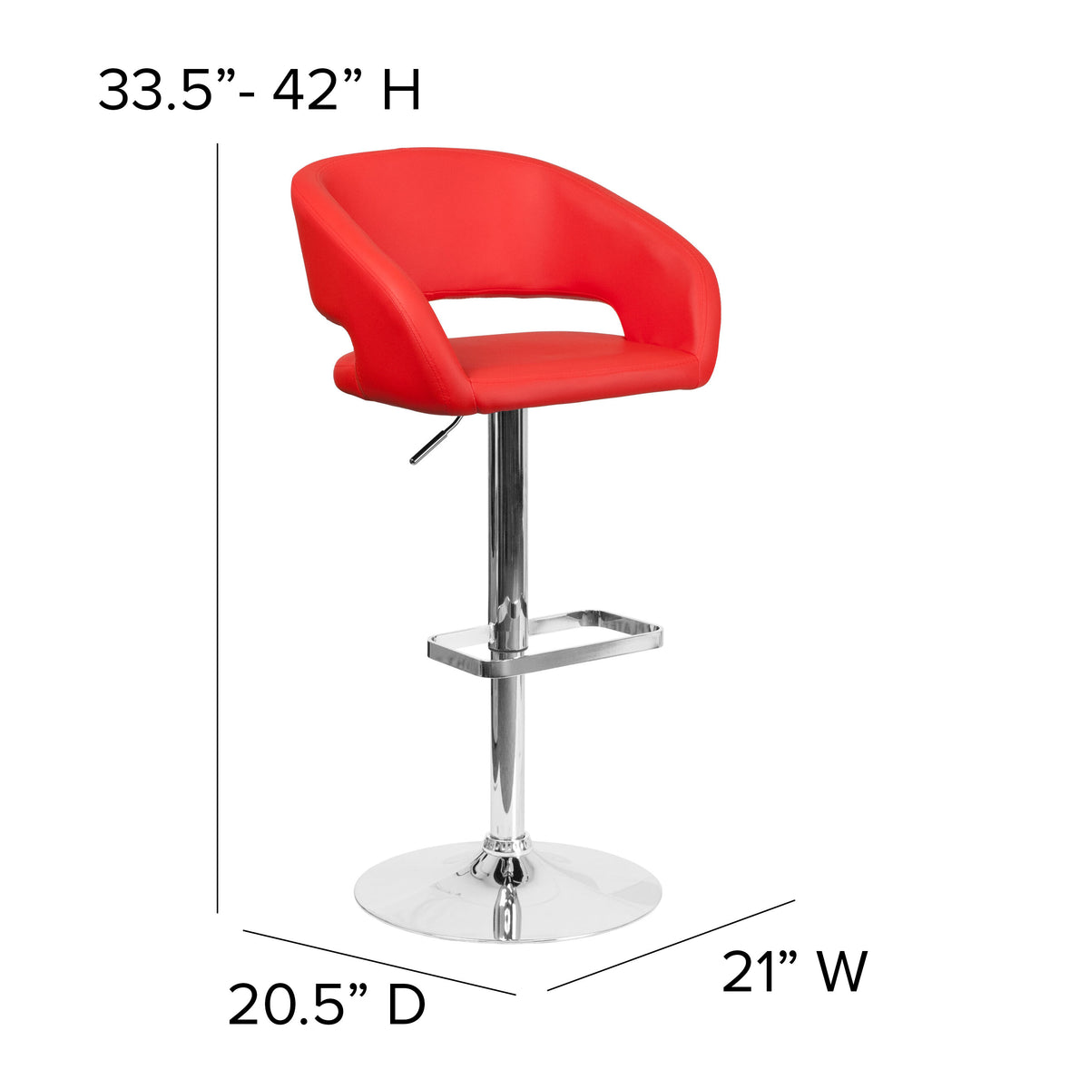 Red Vinyl/Chrome Frame |#| Red Vinyl Adjustable Height Barstool with Rounded Mid-Back and Chrome Base