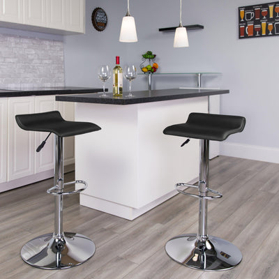 Contemporary Vinyl Adjustable Height Barstool with Solid Wave Seat and Chrome Base - View 2