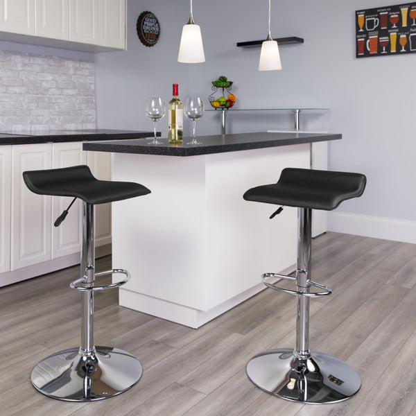 Black |#| Black Vinyl Adjustable Height Barstool with Solid Wave Seat and Chrome Base