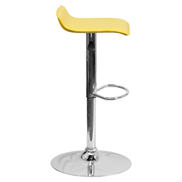 Yellow |#| Yellow Vinyl Adjustable Height Barstool with Solid Wave Seat and Chrome Base