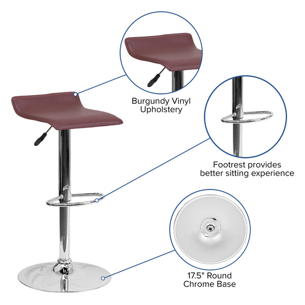 Burgundy |#| Burgundy Vinyl Adjustable Height Barstool with Solid Wave Seat and Chrome Base
