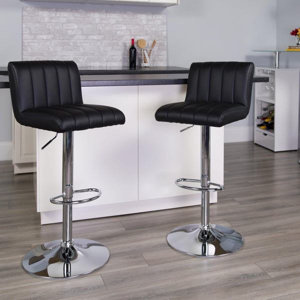 Black |#| Black Vinyl Adjustable Barstool with Vertical Stitch Back/Seat & Chrome Base