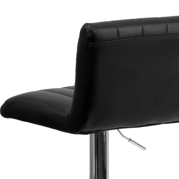 Black |#| Black Vinyl Adjustable Barstool with Vertical Stitch Back/Seat & Chrome Base