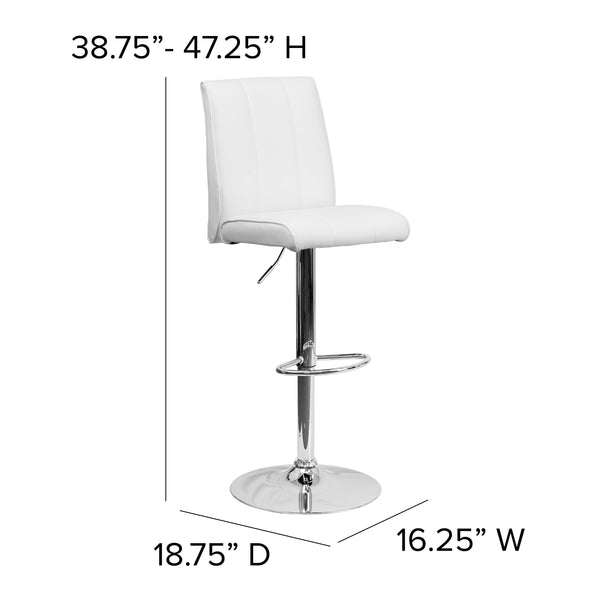 White |#| White Vinyl Adjustable Height Barstool with Panel Back and Chrome Base