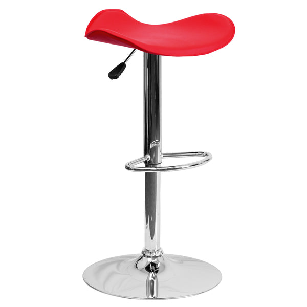Red |#| Contemporary Red Vinyl Adjustable Height Barstool with Wavy Seat and Chrome Base