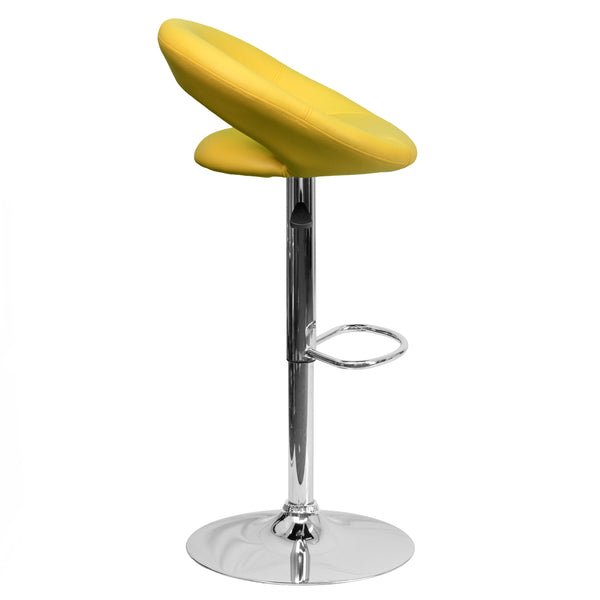 Yellow |#| Yellow Vinyl Rounded Orbit-Style Back Adjustable Height Barstool w/ Chrome Base