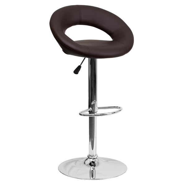 Brown |#| Brown Vinyl Rounded Orbit-Style Back Adjustable Height Barstool w/ Chrome Base