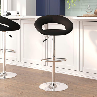 Contemporary Vinyl Rounded Orbit-Style Back Adjustable Height Barstool with Chrome Base - View 2