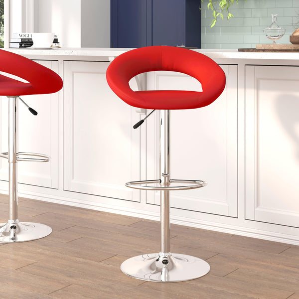 Red |#| Red Vinyl Rounded Orbit-Style Back Adjustable Height Barstool w/ Chrome Base