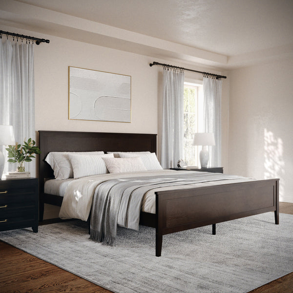 Dark Brown,King |#| Wooden King Size Platform Bed with Headboard and Footboard in Dark Brown