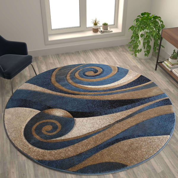 8' Round |#| Modern Swirled Pattern Indoor Olefin Area Rug in Blue and Beige - 8' x 8' Round
