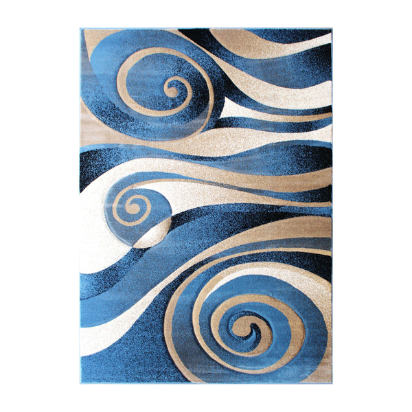 5' x 7' |#| Modern Swirled Pattern Indoor Olefin Area Rug in Blue and Beige - 5' x 7'