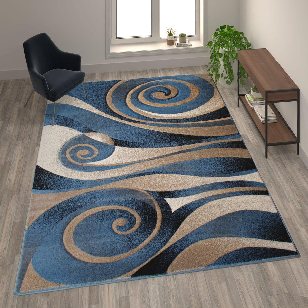 8' x 11' |#| Modern Swirled Pattern Indoor Olefin Area Rug in Blue and Beige - 8' x 11'