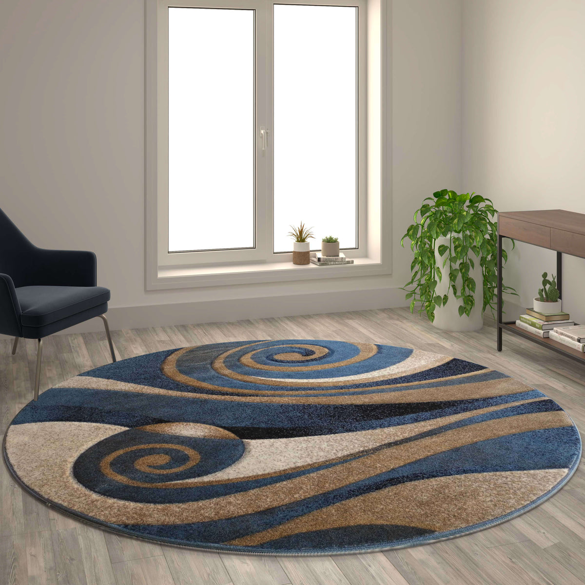 8' Round |#| Modern Swirled Pattern Indoor Olefin Area Rug in Blue and Beige - 8' x 8' Round